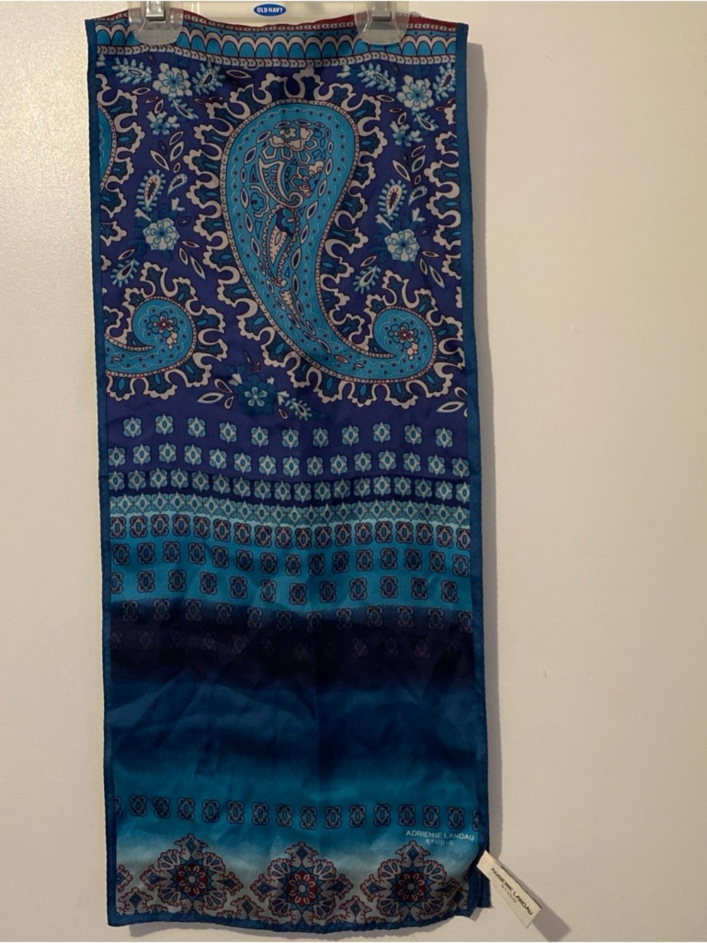 Adrienne Landau Paisley Pattern Rectangular Blue Silk Scarf 52x11 Inches